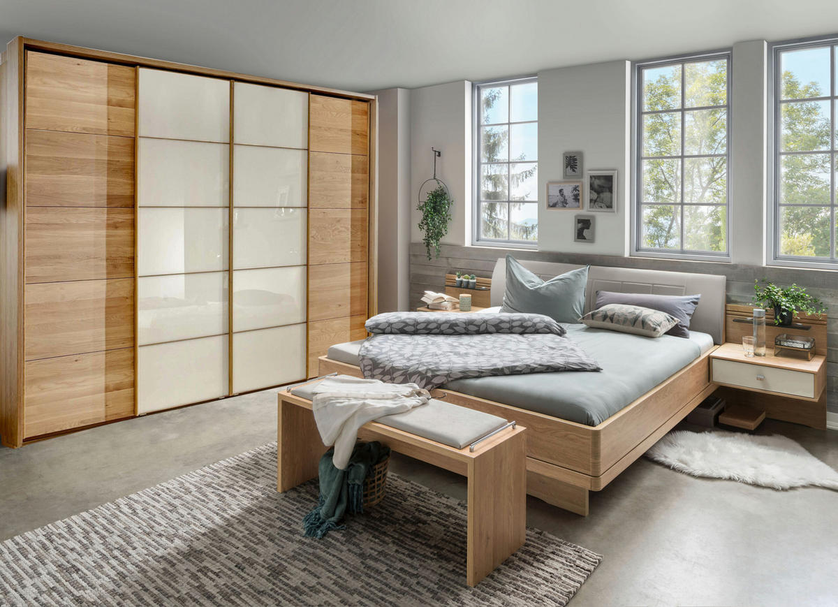 SCHLAFZIMMER Lenvara mit in Eiche und Champagner 4-teilig mit Schwebetürenschrank Breite mit Spiegel, Passepartout, zwei Nachttische und Komfortbett - Braun, Holzwerkstoff (80/200/120cm)