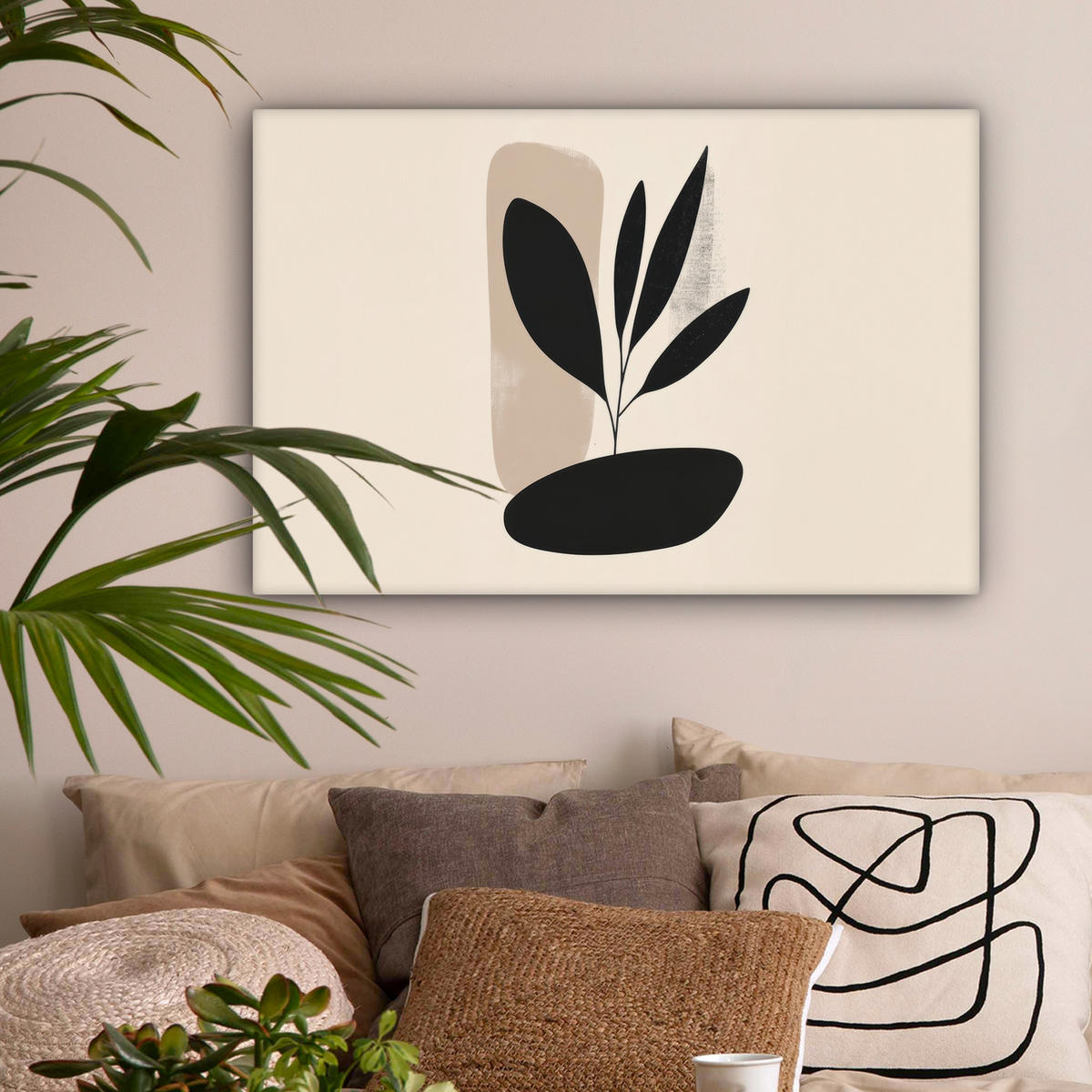 LEINWANDBILD Pflanze - Beige - Japanisch Wanddeko 90x60 cm - Schwarz, Textil (90/60cm) - MuchoWow