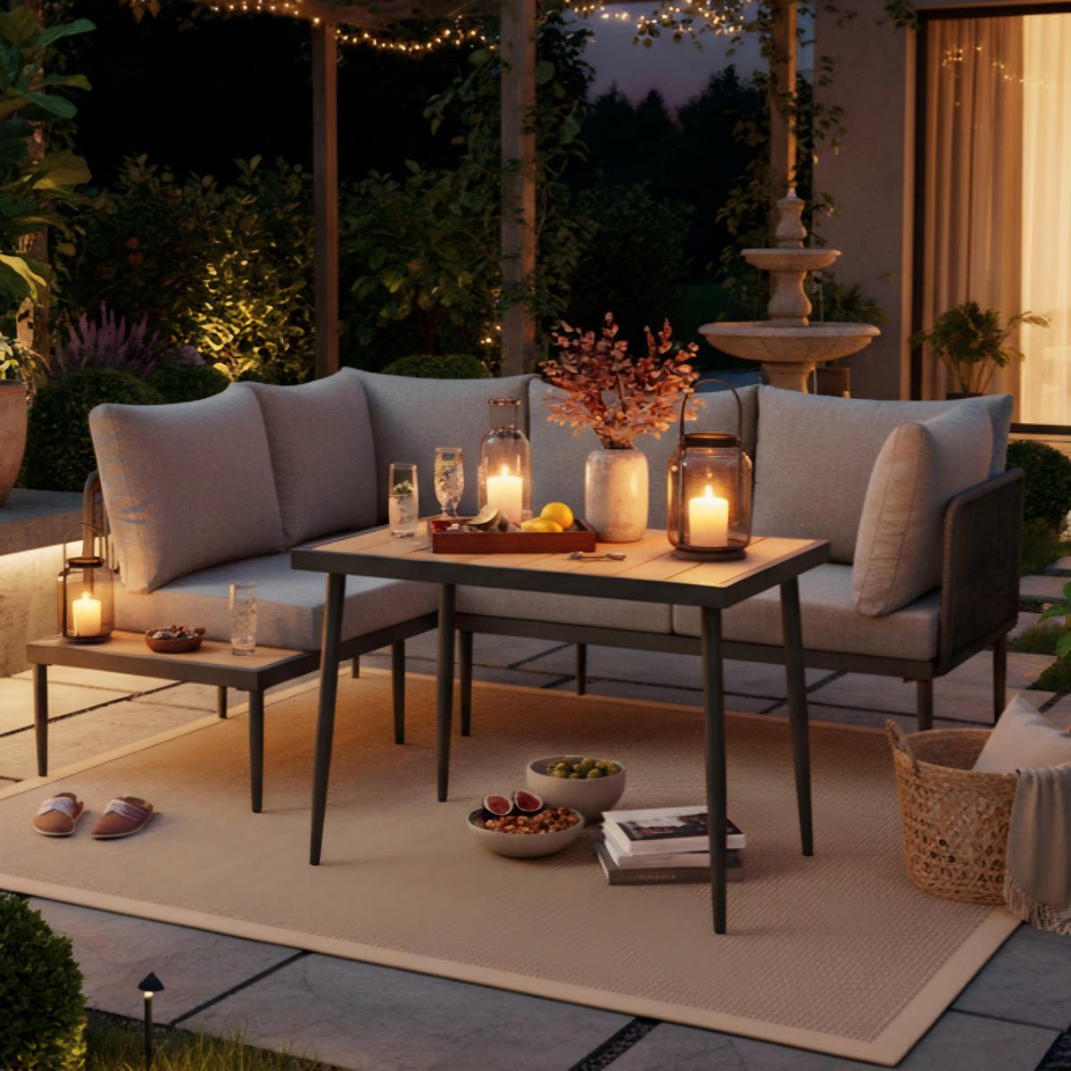 GARTENESSGRUPPE Grau mit Ecksofa & Esstisch aus Kunststoffholz - Grau, Textil - PANGIVO