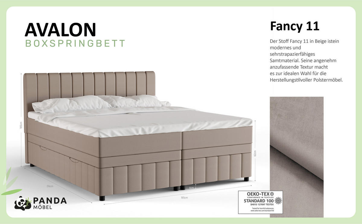 BOXBETT AVALON 180 x 200 cm mit Bettkasten und Topper - Beige - Beige, Holz - Panda Möbel