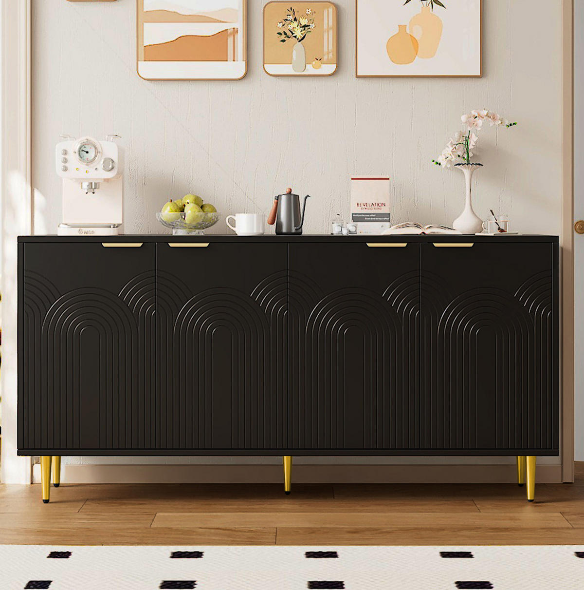 SIDEBOARD 160/40/80 cm mit 4 Türen, Soft-Close und viel Stauraum in Schwarz - Schwarz, Holzwerkstoff (160/80/40cm) - BEAOK