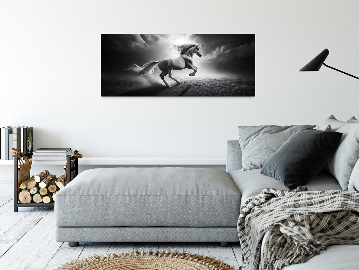 GLASBILD 125x50 cm Einhorn schwarz weiß - Weiß, Glas (125/50cm) - artissimo