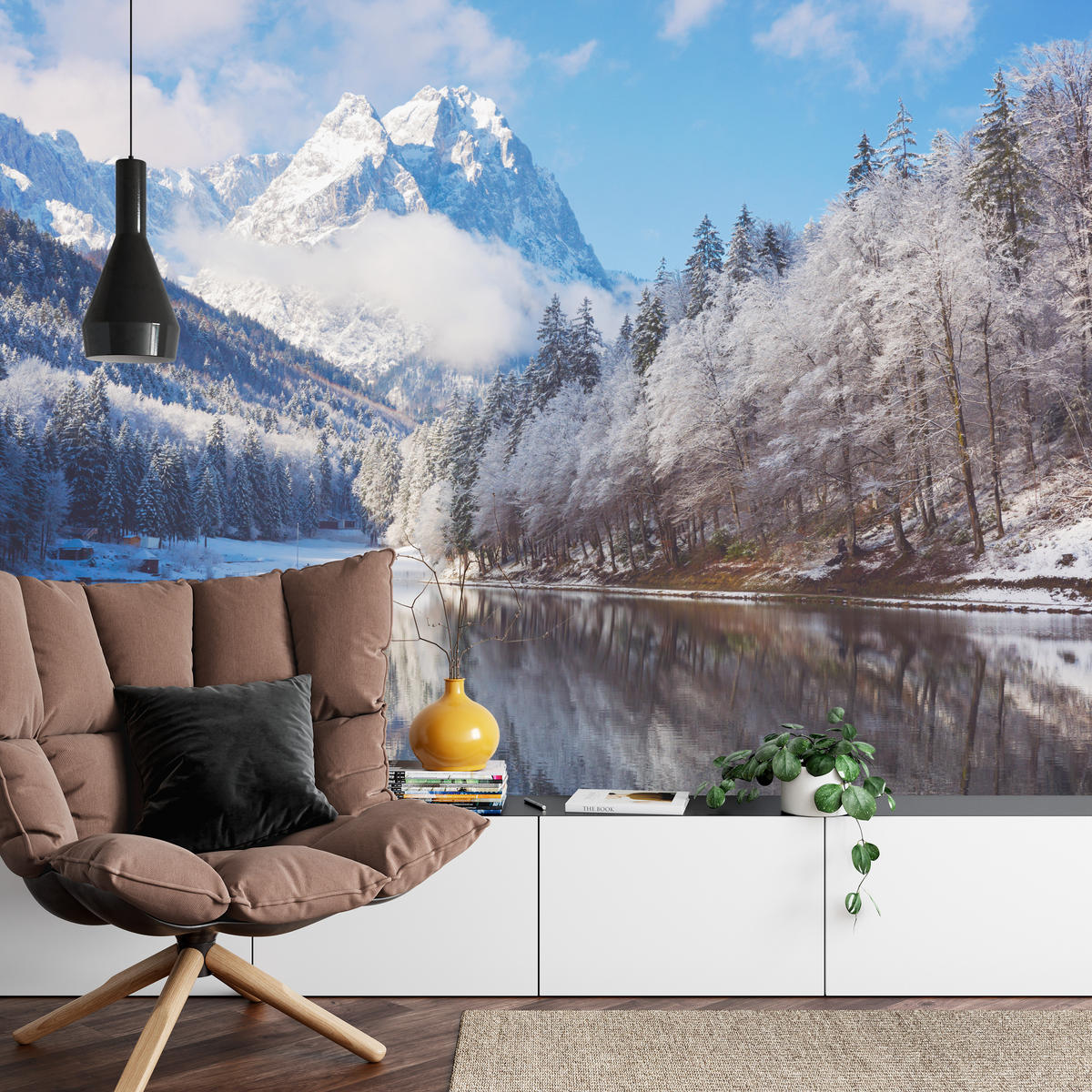 FOTOTAPETE für Wohnzimmer Winterberglandschaft See Nadelwald Schnee 300x210 - Blau/Braun, Papier (300/210cm) - Muralo