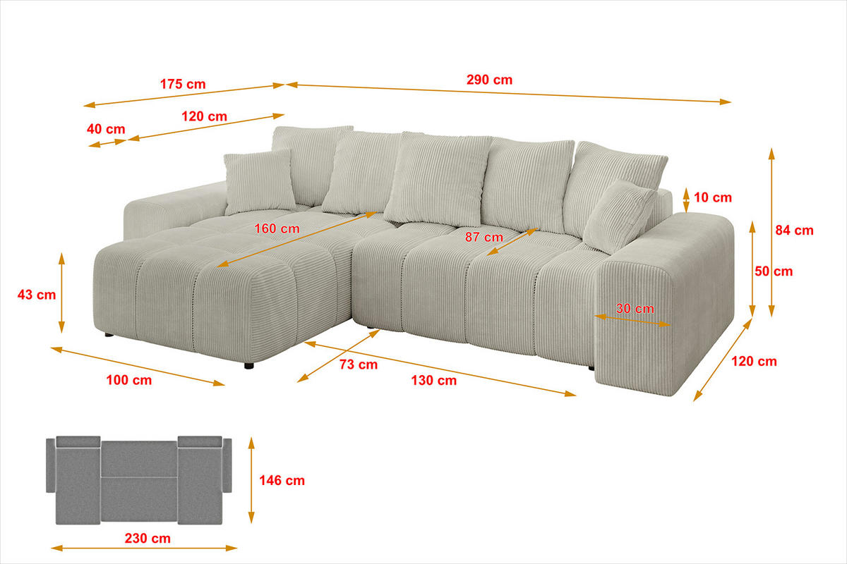 ECKSOFA Ottomane links/rechts ENIL-L 290x175x84 Hellgrau Cord - Hellgrau, Holzwerkstoff/Kunststoff (290/175cm) - ALTDECOR