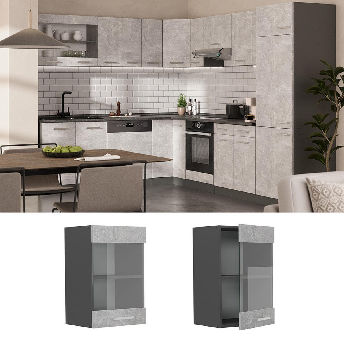 VISEĆI ORMAR S STAKLENIM VRATIMA R-Line Beton 40 cm - siva/antracit, drvni materijal (40/60/31cm) - Vicco