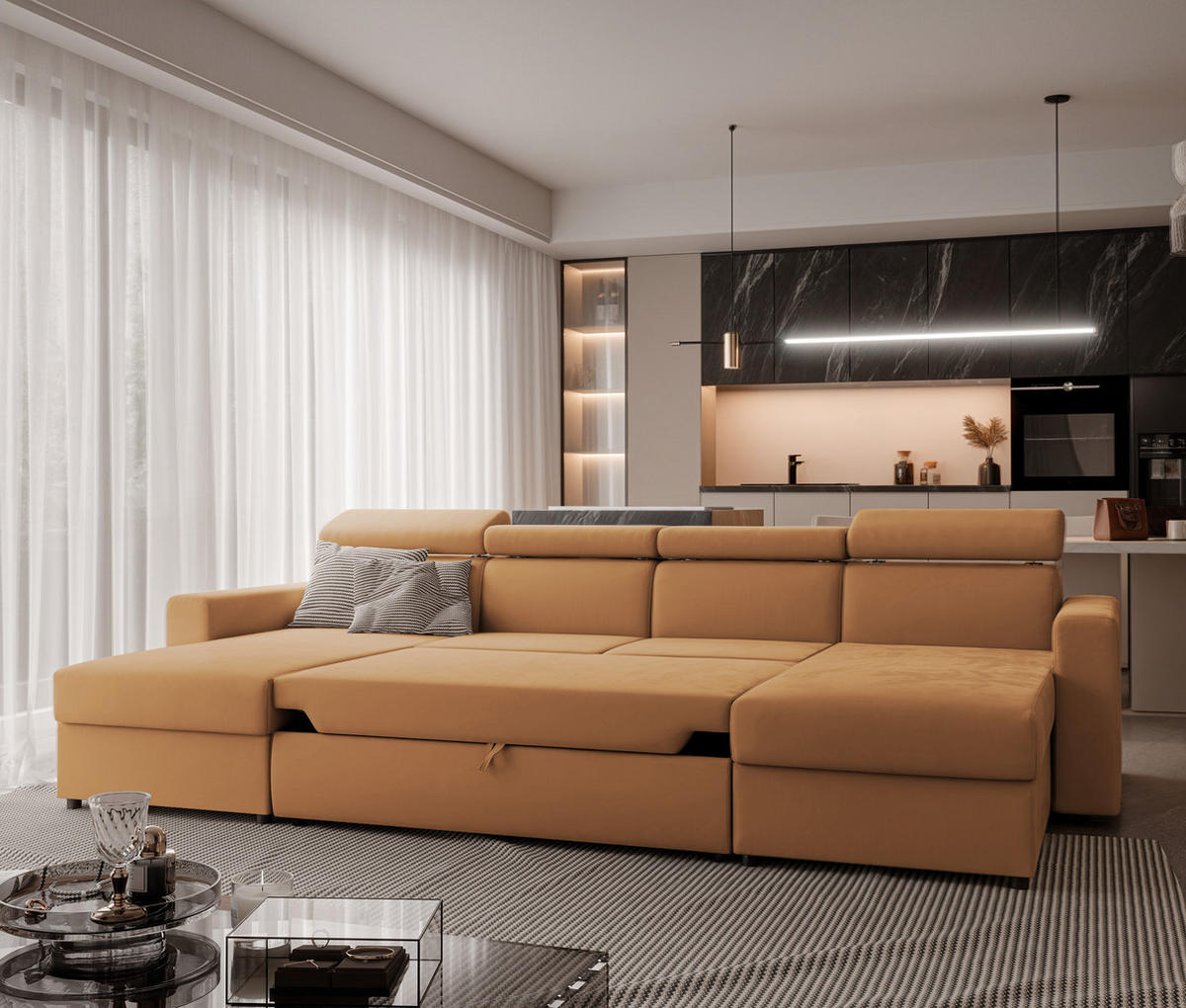 WOHNLANDSCHAFT BENI U II mit verstellbaren Kopfstützen und Schlaffunktion, Farbe: Orange - Orange, Textil (302/60/166cm) - Idohome