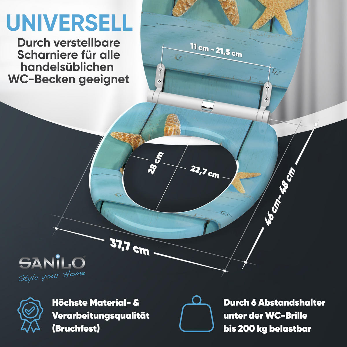 WC-SITZ mit Absenkautomatik & Top Fix Starfish - Türkis, Holzwerkstoff (37.7/5.5/48cm) - Sanilo