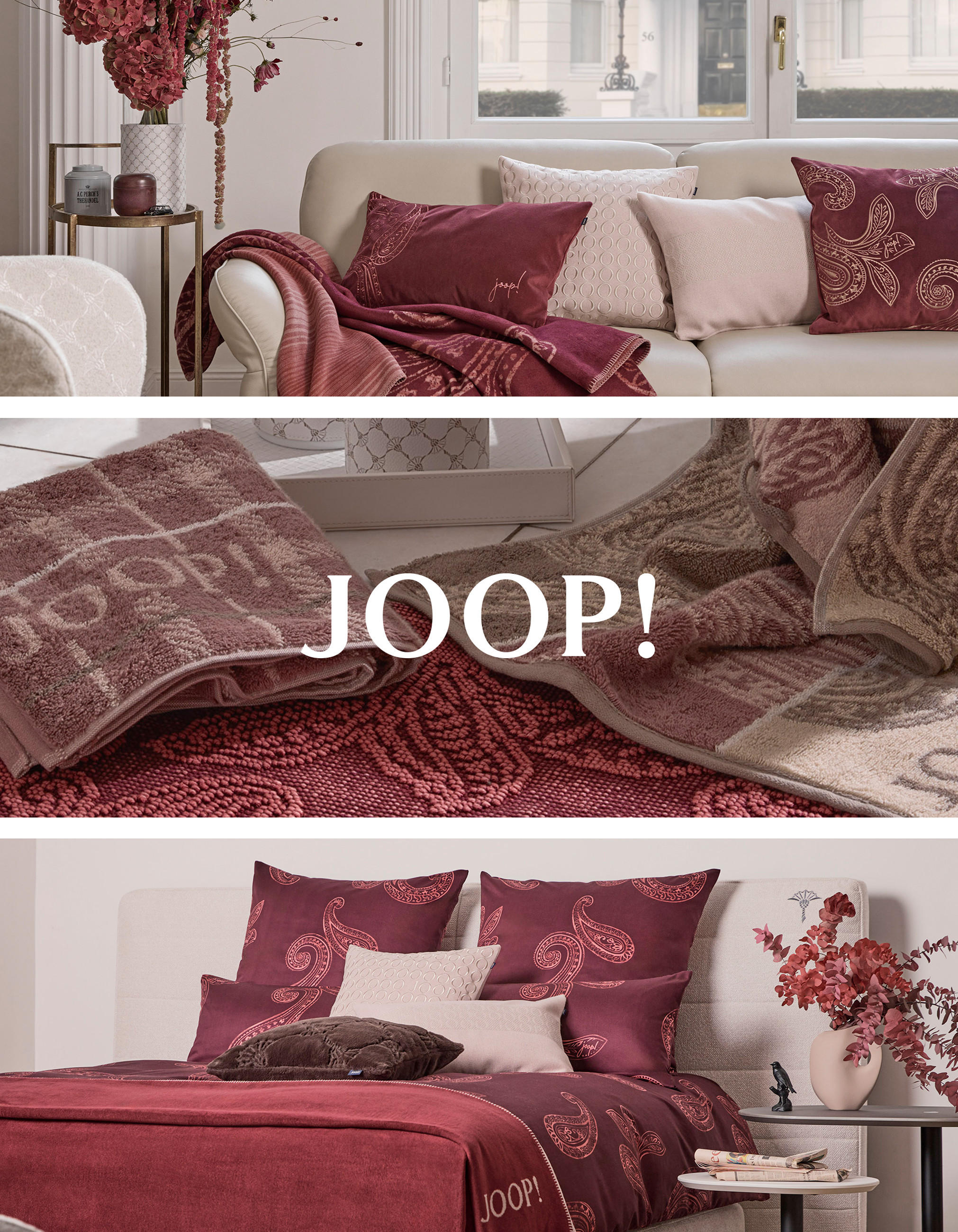 Dreier Collage von Wohnraummilieus mit Textilien aus der Kollektion Mayfair Mauve der Marke JOOP! Living, mit mittig platziertem Logo.