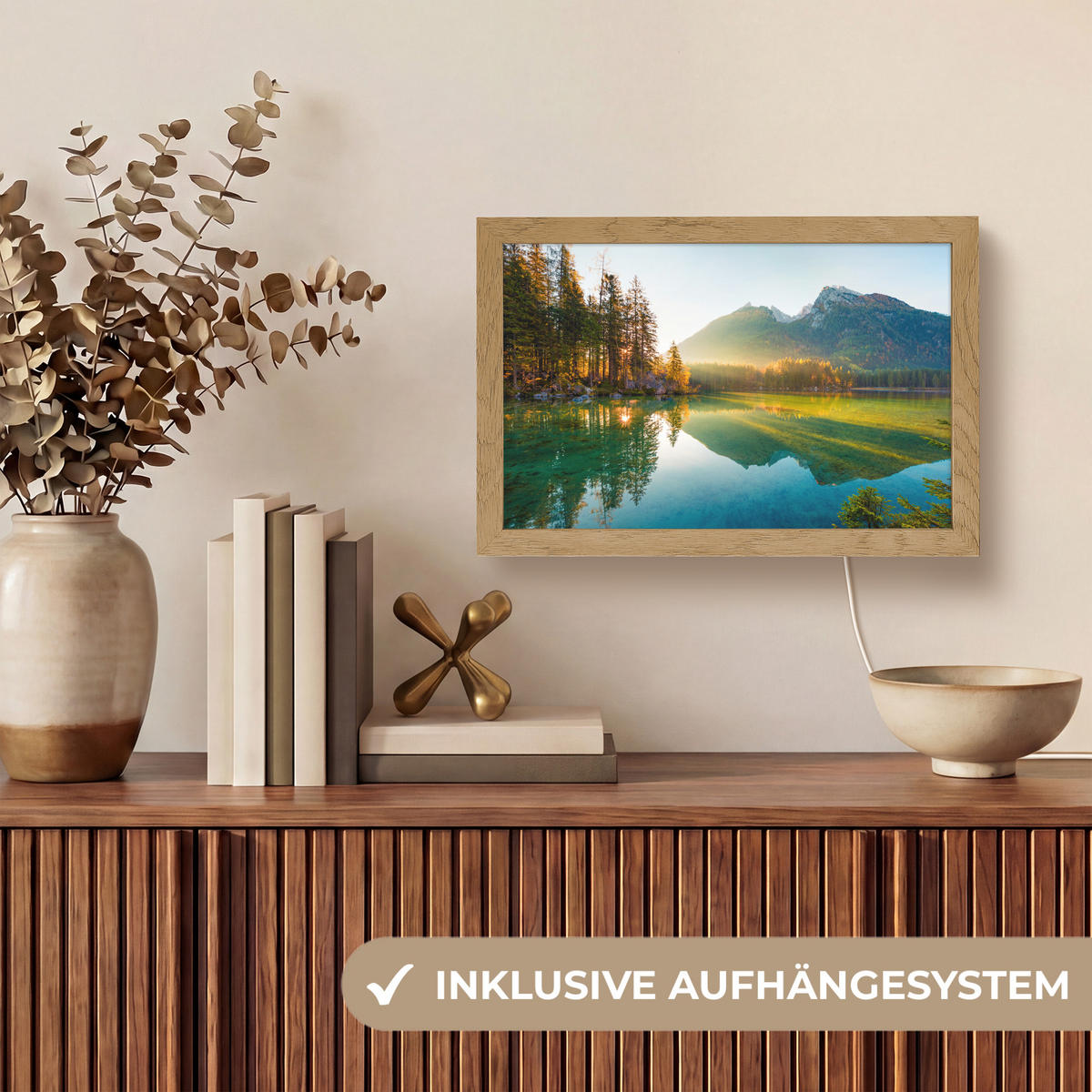 WANDLEUCHTE See - Wald - Berge - Natur - Sonne - Landschaft 30x20 cm - Grün, Holzwerkstoff (30/20/8cm) - OnlyWow