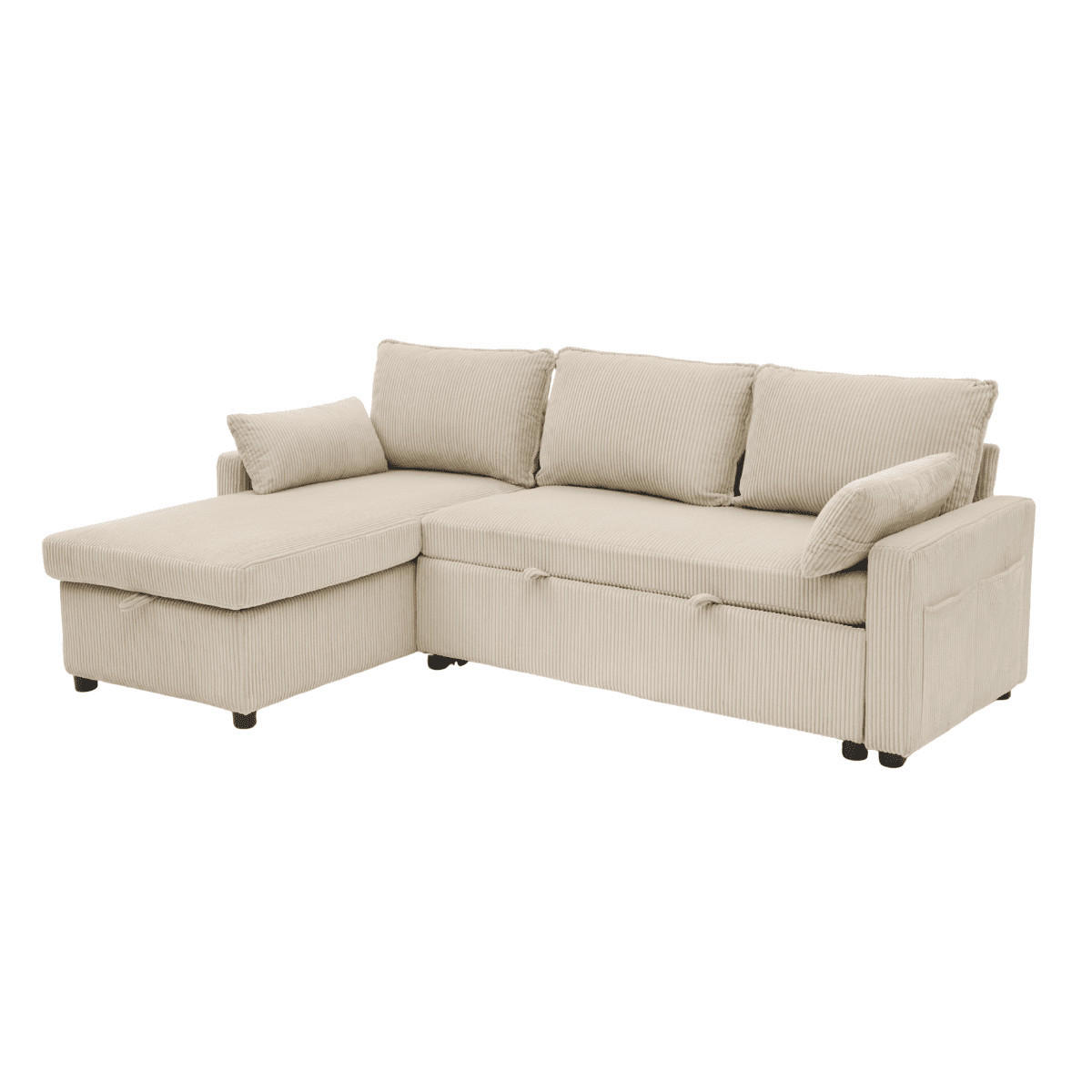 3-SITZER-SCHLAFSOFA in corduroy mit Chaiselongue 219/147/84 cm - Beige, Holz (147/84/66cm) - Calicosy