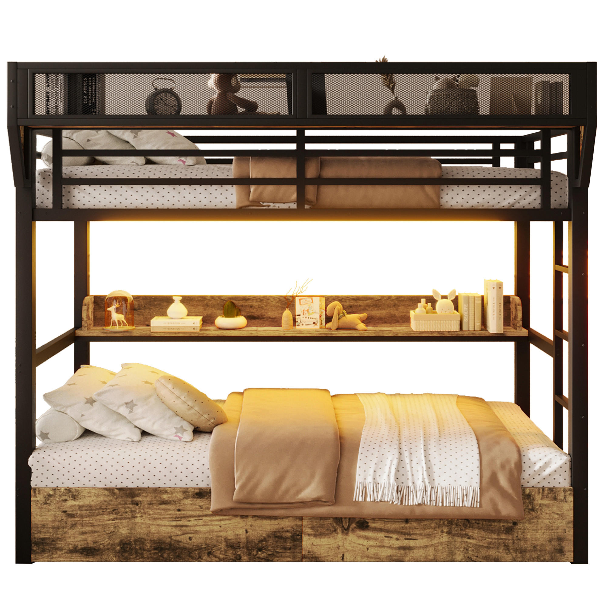 ETAGENBETT 90/200 cm in Schwarz mit LED, Ablagebord, Aufbewahrungskorb und 2 Schubladen - Schwarz, Holzwerkstoff/Metall (90/200cm) - WISHDOR