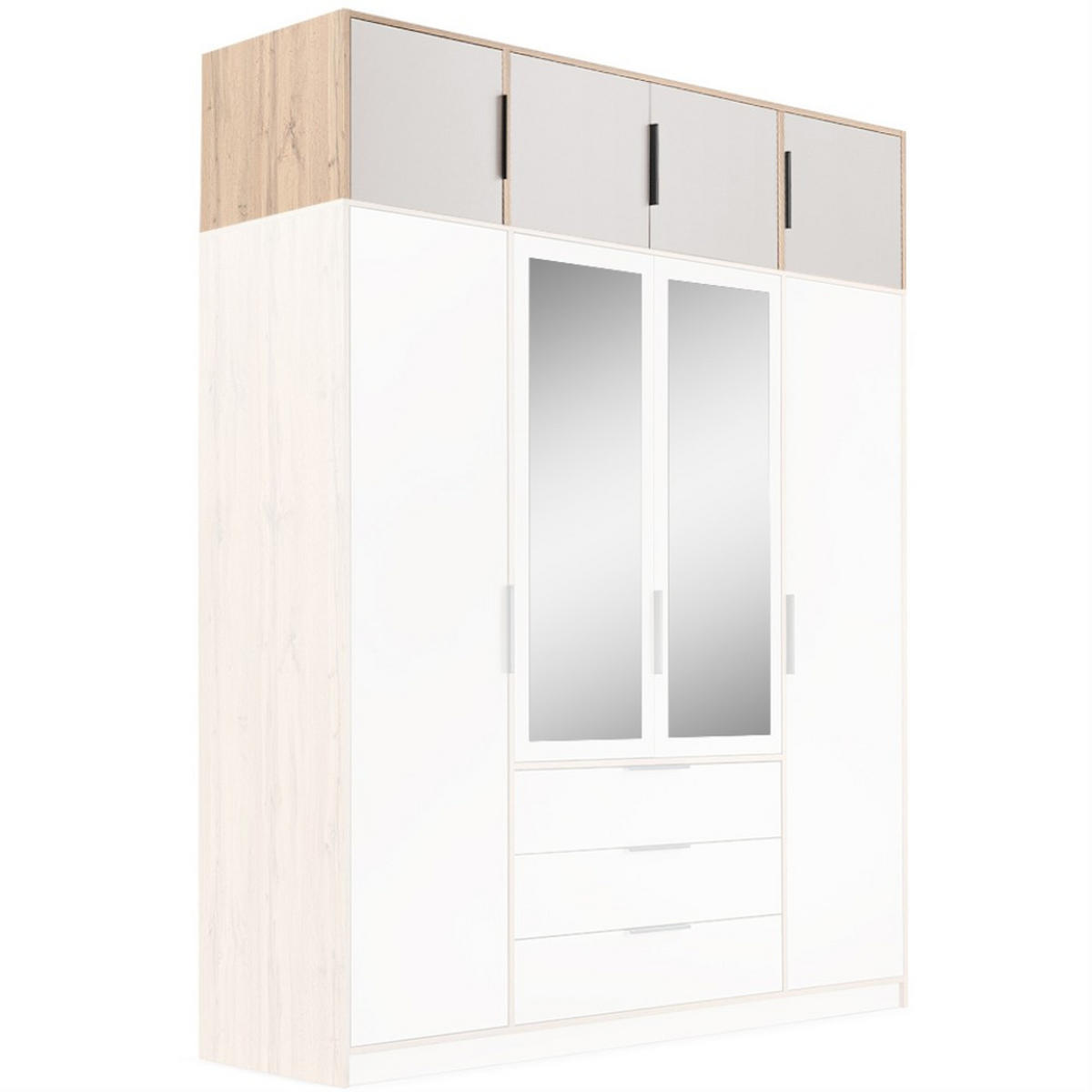 DREHTÜRENSCHRANK Livo mit 4 Türen und 3 Schubladen, mit Schrankaufsatz, kaschmir+eiche Wotan, 200 cm - Kaschmir/Eiche Wotan, Holzwerkstoff (200/245/57cm) - Beautysofa