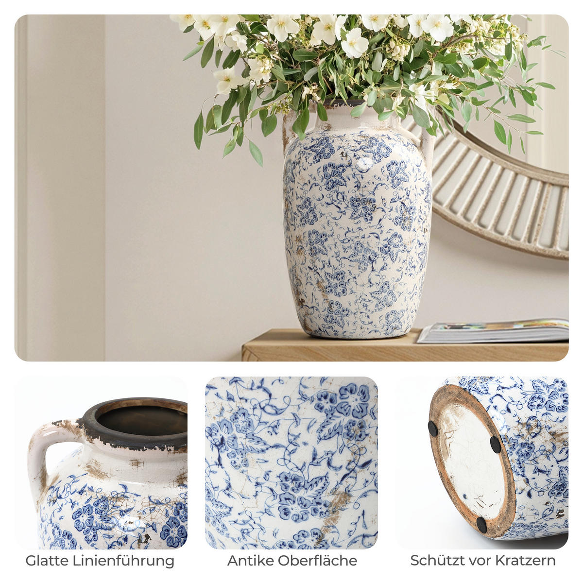 VASE Vintage, Keramik Weiß | Handbemalt, Doppelhenkel, Ø19 x H29 cm - Weiß, Keramik (29cm) - Hometopia