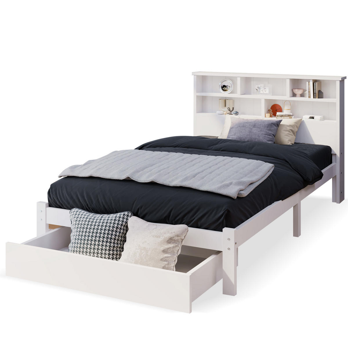EINZELBETT 90/200 cm Weiß mit Bücherregal und Schubladen - Weiß, Holz (90/200cm) - OKWISH