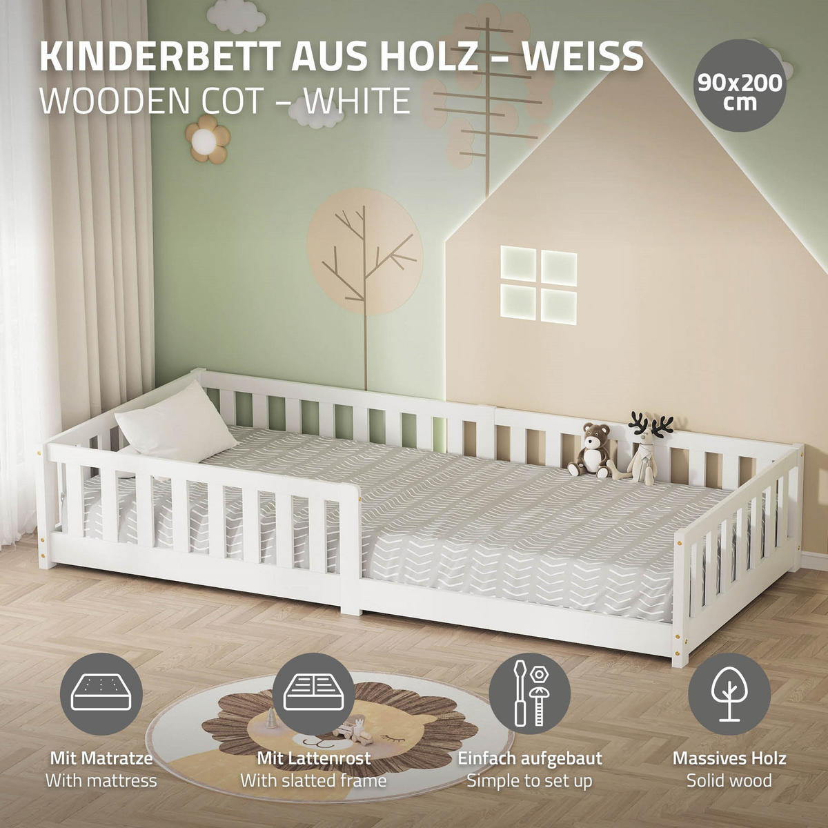 KINDERBETT 90x200 cm Weiß mit Matratze H:10 cm - Weiß, Kunststoff (90/200cm) - ML-DESIGN