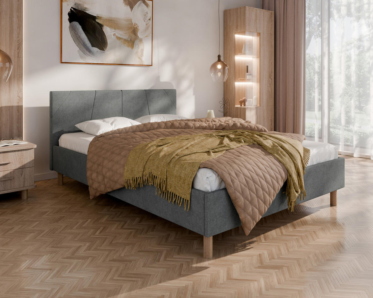 POLSTERBETT ALMORE 140x200cm, Taschenfederkernmatratze mit Kokos KORNOS (20cm), grau - Grau, Holz - Homesy