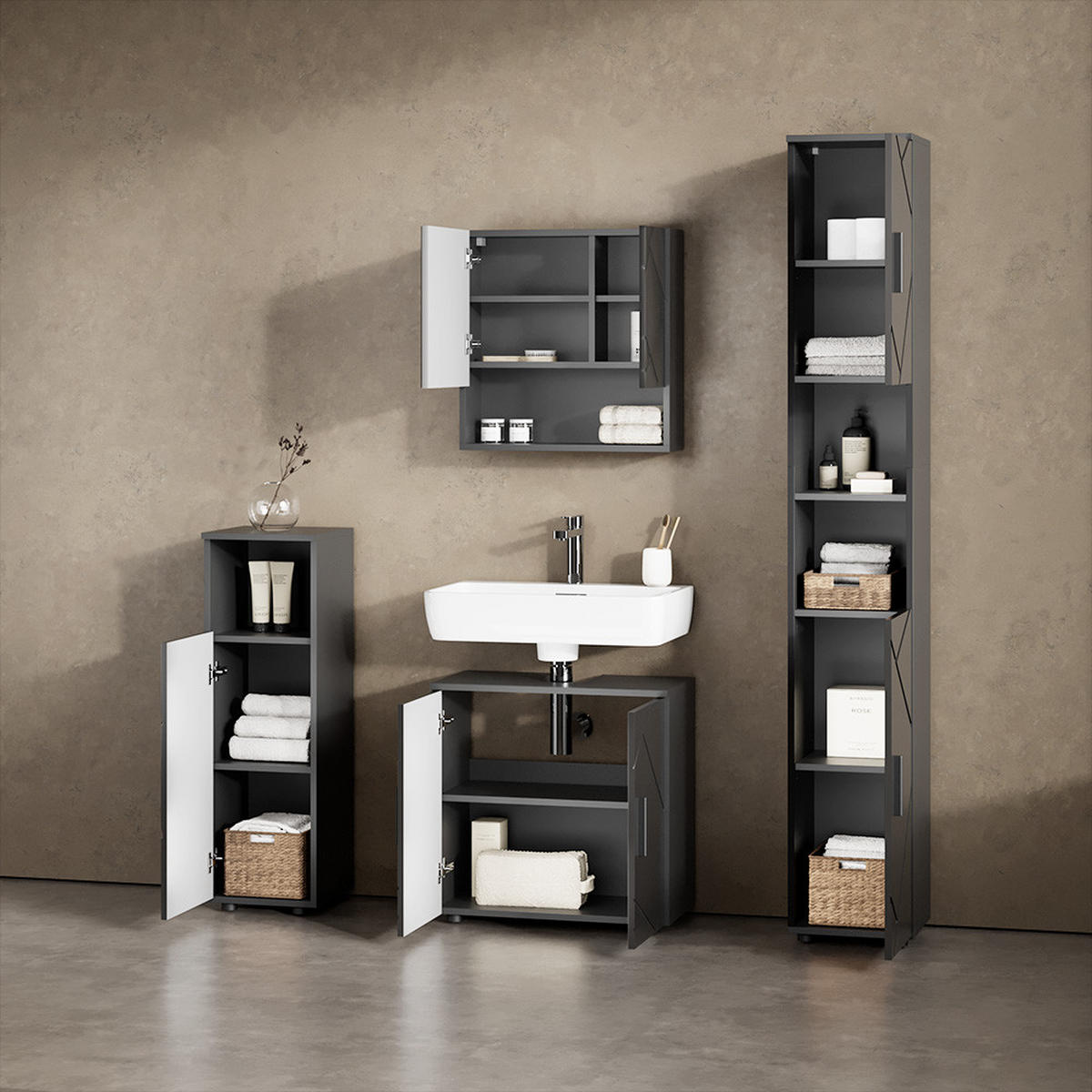 BADMÖBEL-SET Ronco Anthrazit Hochglanz 4 Teile, mit Hochschrank - Anthrazit, Holzwerkstoff (60/192/30cm) - Livinity®