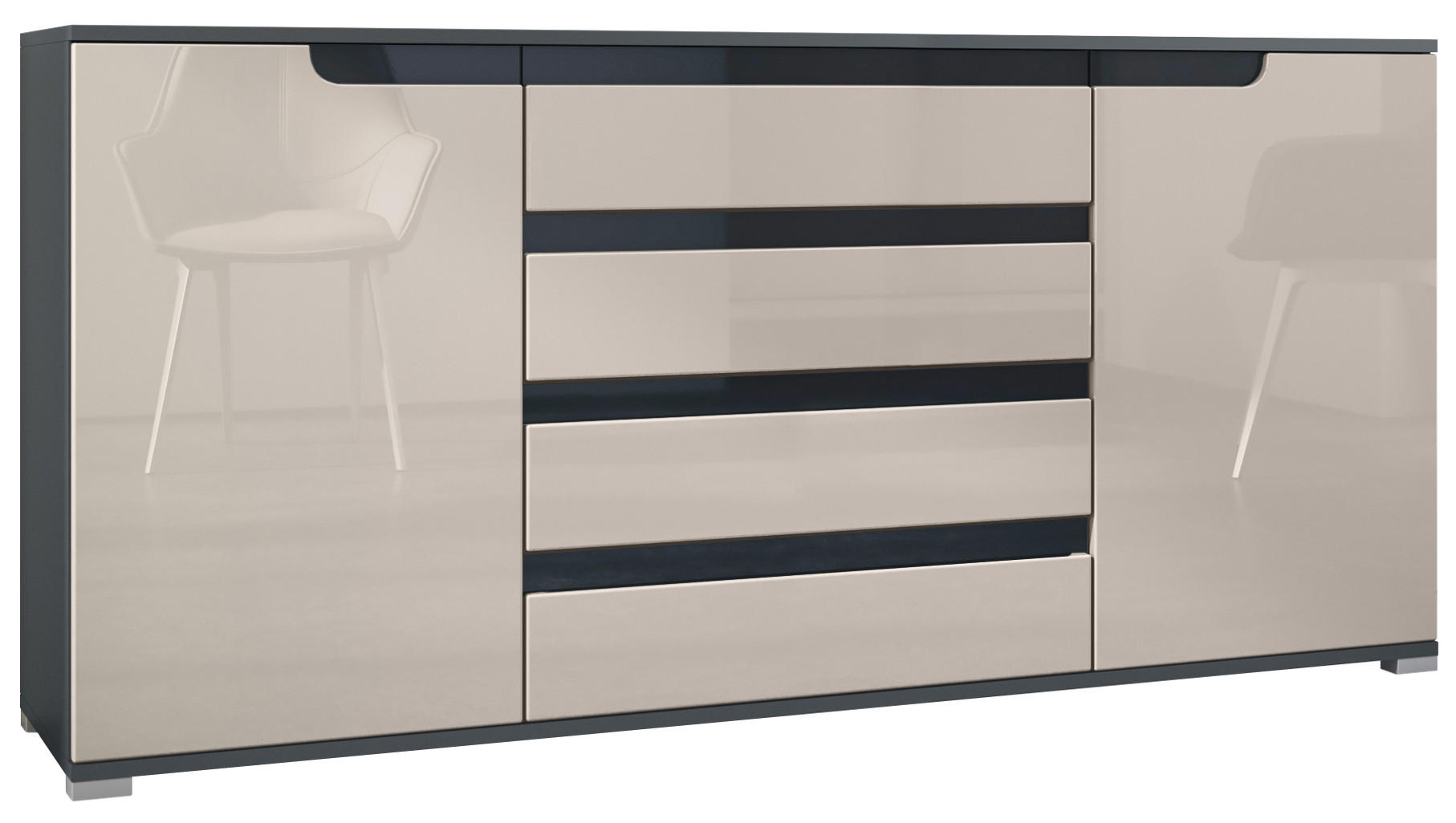 SIDEBOARD Sylt Sandgrau Hochglanz / Schwarz Hochglanz - Sandfarben, Holzwerkstoff (166.5/75.5/35cm) - Vladon