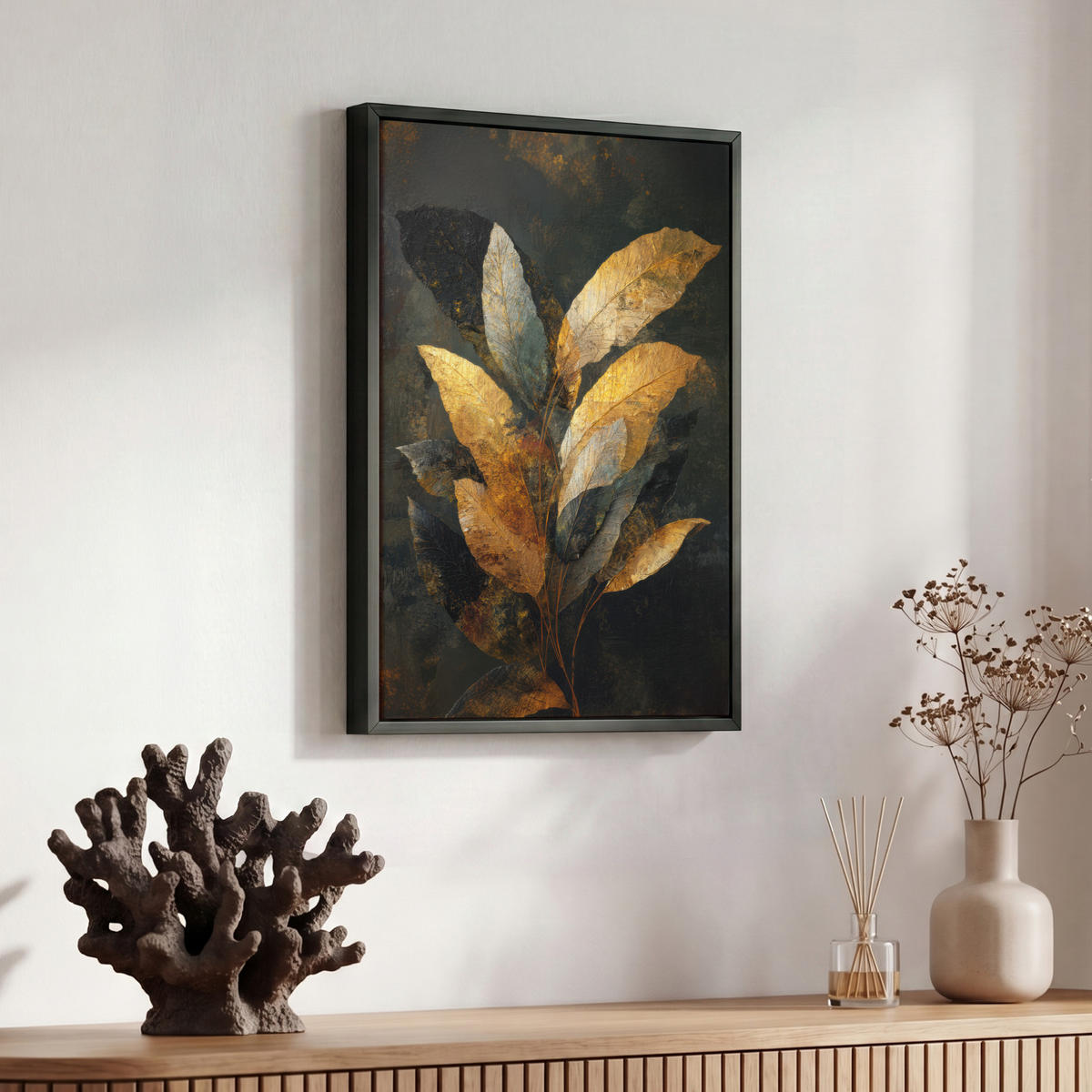 LEINWAND Bilder mit Rahmen - Golden Leaf Komposition - Botanical Luxury - 30x40 - Goldfarben, Textil (30/40cm) - MuchoWow
