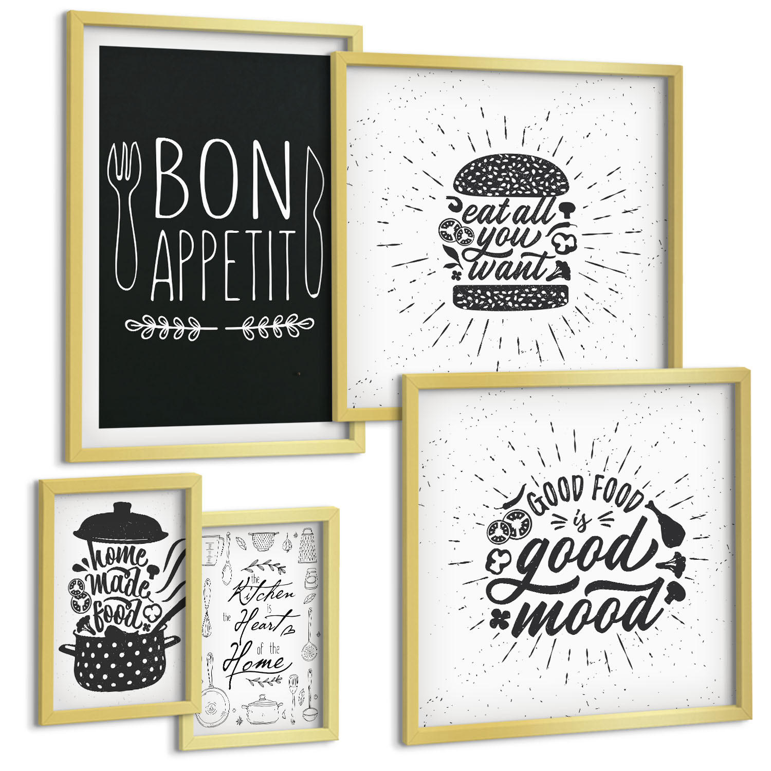 BILDER SET 5er Set - 50x50 cm & 20x30 cm & 40x60 cm Goldrahmen - Grafiken, Lebensmittel, kulinarische Slogans - Goldfarben, Kunststoff (40/60cm) - TULUP