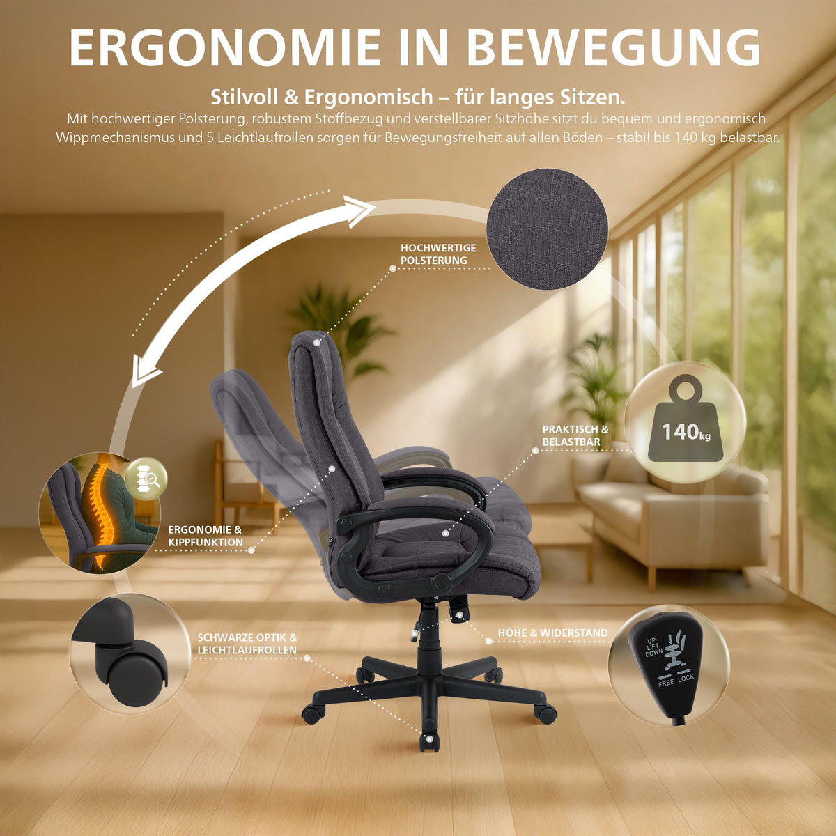 DREHSTUHL Stoff Schwarz - Schwarz, Kunststoff/Textil (66/106/70cm) - CLP