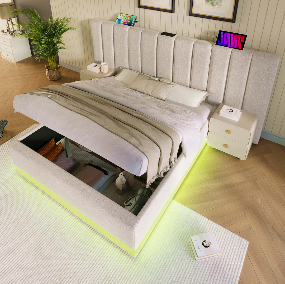 BETT mit Stauraum, LED und Ladefunktion 180x200 cm Leinen Beige - Beige, Metall (180/200cm) - Meubliv