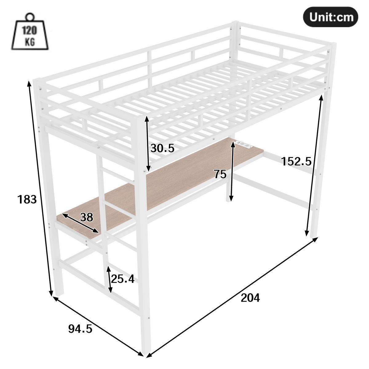 HOCHBETT 90/200 cm mit Geländer Tisch und USB-Anschlüssen - Weiß, Metall (90/200cm) - OKWISH