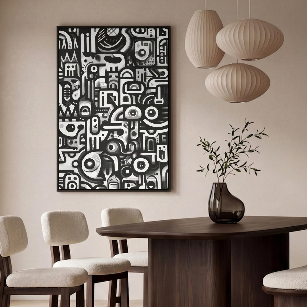LEINWAND Bilder mit Rahmen - Symbole - Abstrakt - Grafik - Schwarz - 90x140 - Schwarz, Textil (90/140cm) - MuchoWow