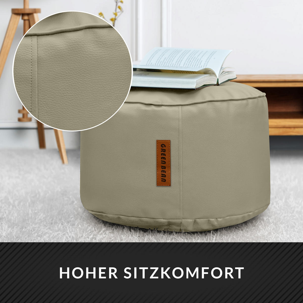 INDOOR HOCKER Stay rund Kunstleder - Greige/Grau, Textil (43/30/30cm) - Green Bean