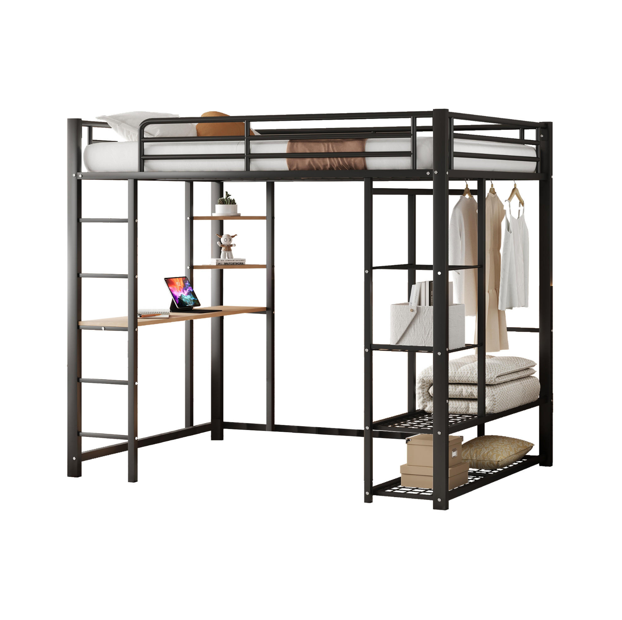 HOCHBETT 140/200 cm Schwarz aus Metall und MDF mit Schreibtisch und Kleiderstange - Schwarz, Metall (140/200cm) - OKMYHOME