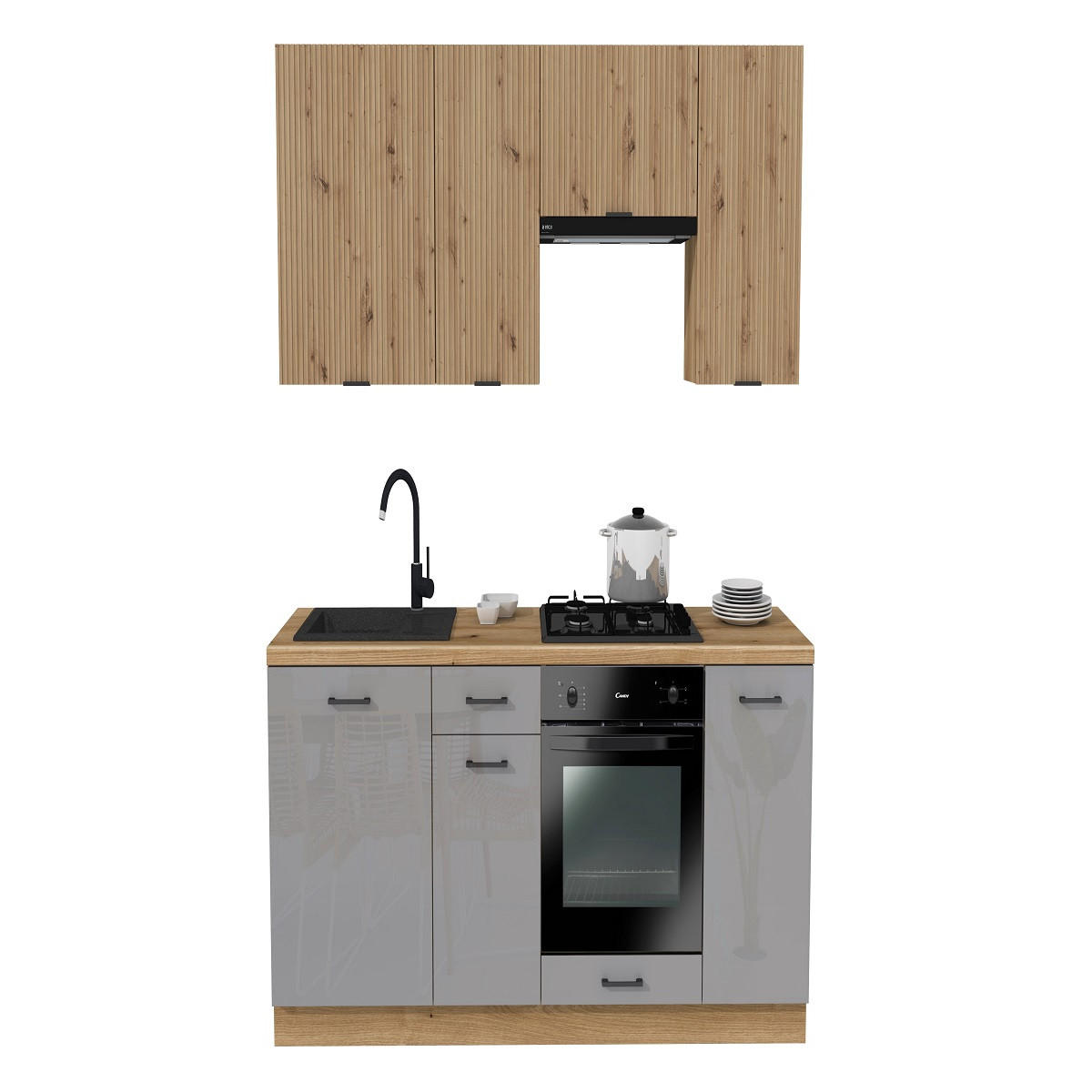 KÜCHENZEILE 200 cm mit Arbeitsplatte - SIMPLY Z14 - in Grau Hochglanz / Eiche Rille / Eiche - Schwarz/Eiche Artisan, Holz (200/212/53cm)