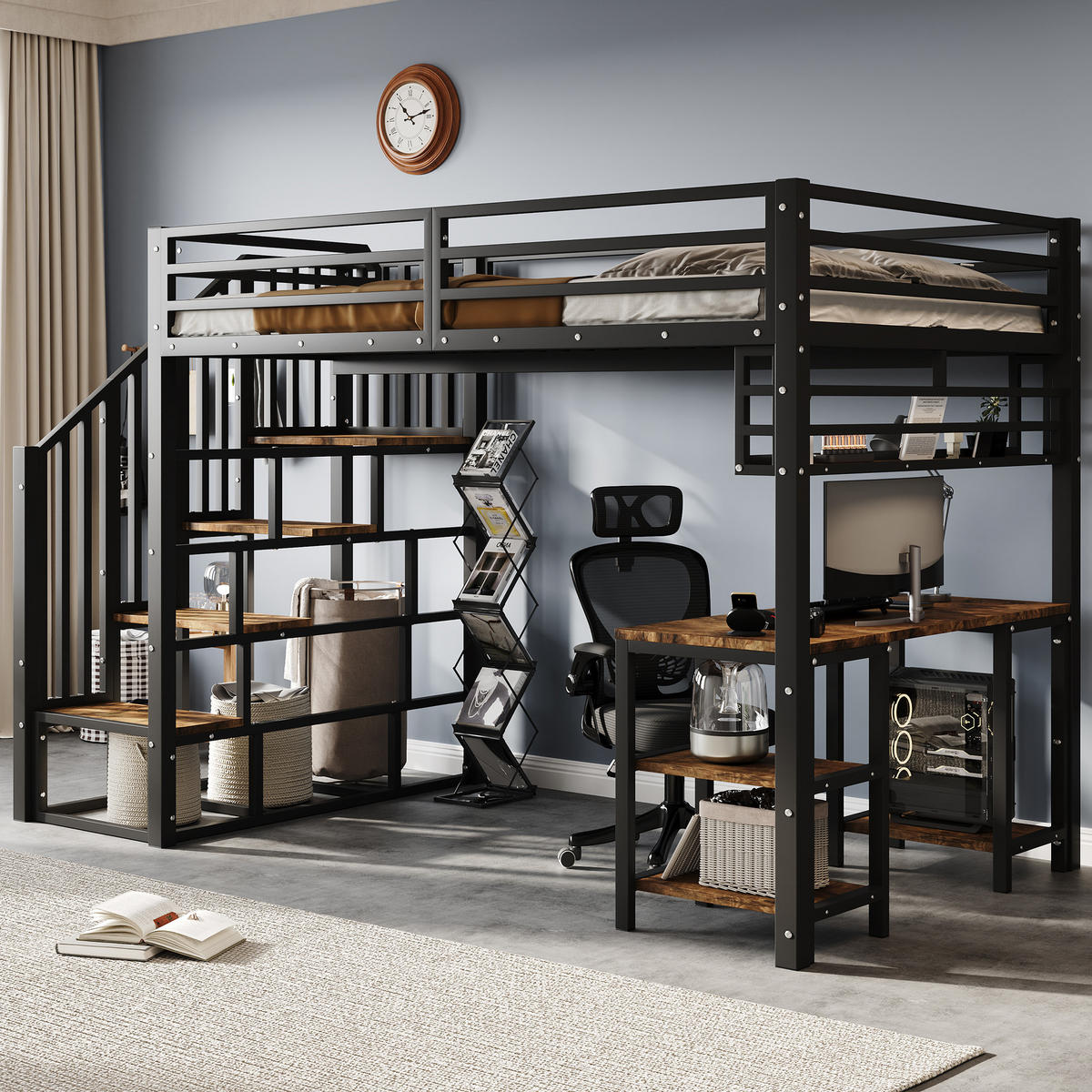 HOCHBETT 120x200 cm Treppe Schreibtisch schwarz - Schwarz, Metall (120/200cm) - LEBENLANG