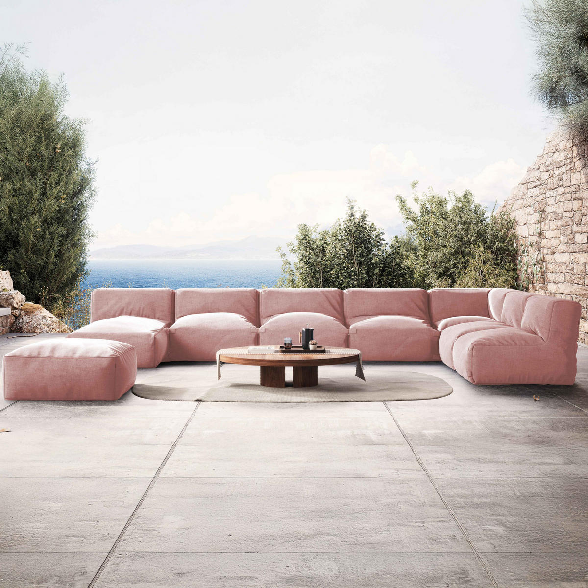 GARTENSOFA mit 8 Sitzplätzen, Puderrosa - Pink, Textil (255/65/425cm) - Oviala