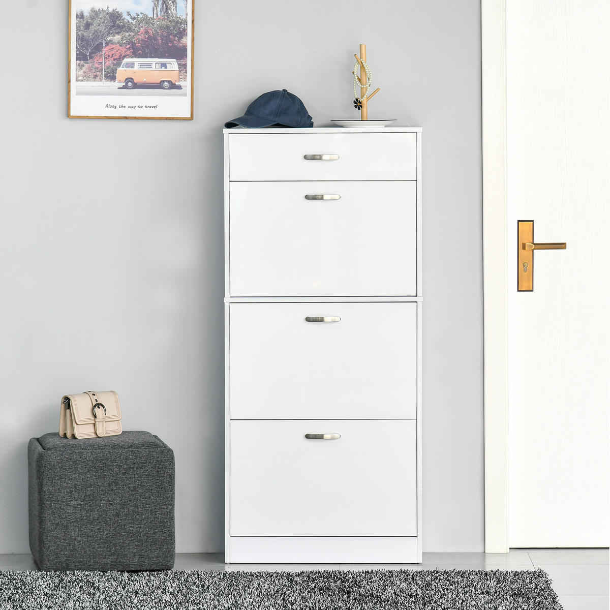 SCHUHSCHRANK DE-14975 3 Klapptüren & Schublade Weiß - Weiß, Holzwerkstoff (62/135/24cm) - ComfortXL