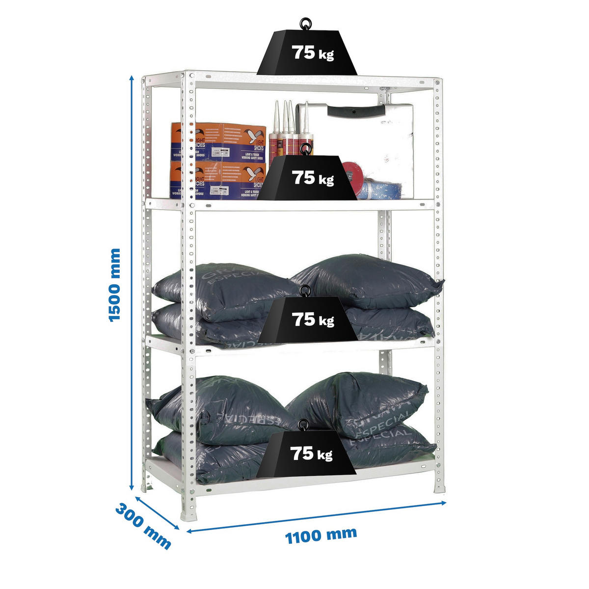 SCHRAUBREGAL PANDA MID | HxBxT 150x110x30cm | 4 Fachböden | Fachlast 75kg | Weiß - Weiß, Metall (110/150/30cm) - PROREGAL