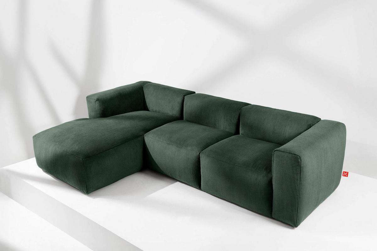 ECKMODULSOFA-LINKS BUFFO mit extrem weicher und bequemer Sitzfläche, Kordstoff, dunkelgrün - Dunkelgrün, Textil (297/180cm) - KONSIMO®
