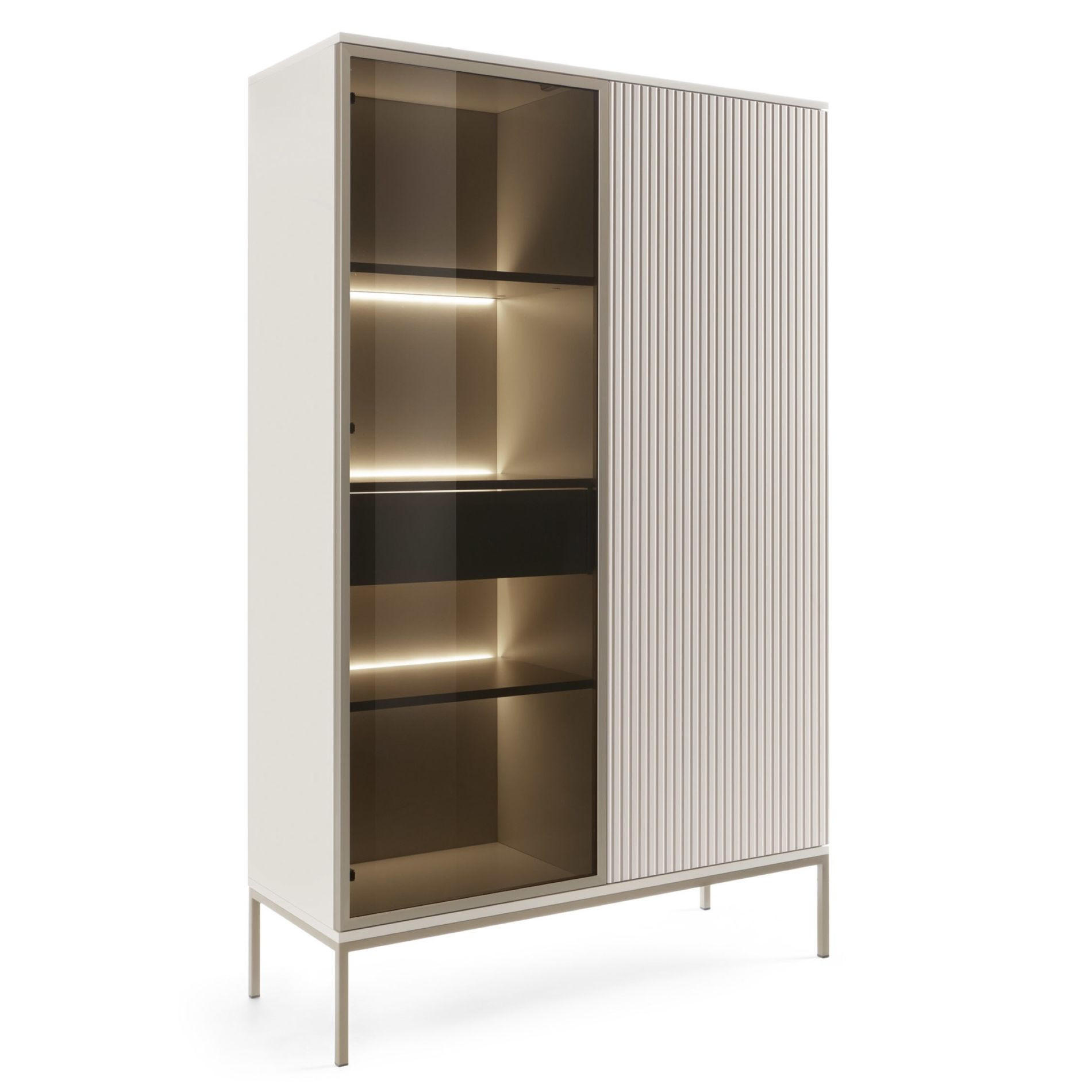 VITRINE Tosena Greige mit Schublade und LED - Kaschmir/Goldfarben, Holzwerkstoff/Metall (104/166/39cm) - Selsey