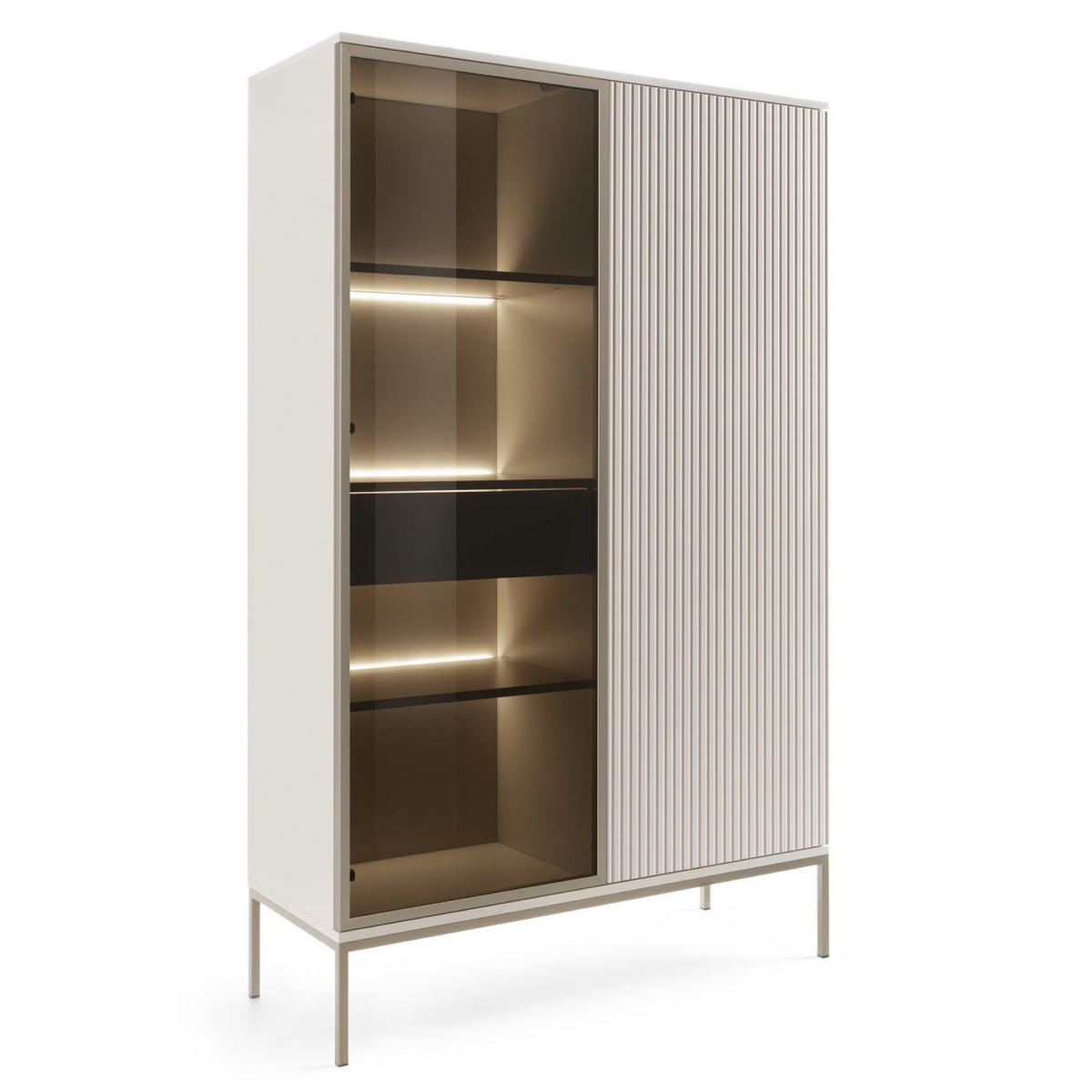 VITRINE Tosena Greige mit Schublade und LED - Kaschmir/Goldfarben, Holzwerkstoff/Metall (104/166/39cm) - Selsey
