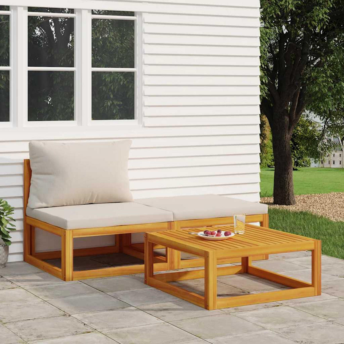 GARTEN-LOUNGE-SET 3-TLG. Mit Kissen Massivholz Akazie - Grau, Holz - vidaXL