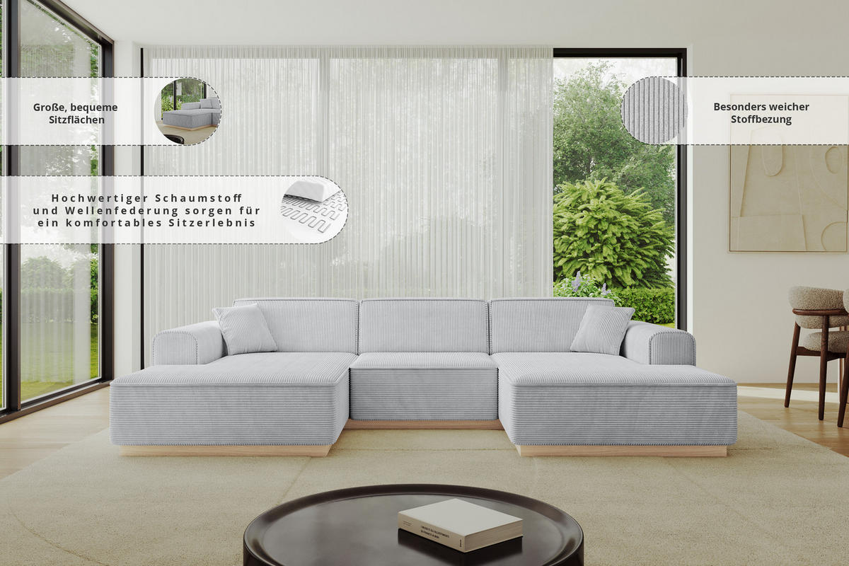 WOHNLANDSCHAFT IREA-U1 - 297x165x81 cm Beige - Ecru/Beige, Holzwerkstoff/Textil (297/81/165cm) - ALTDECOR