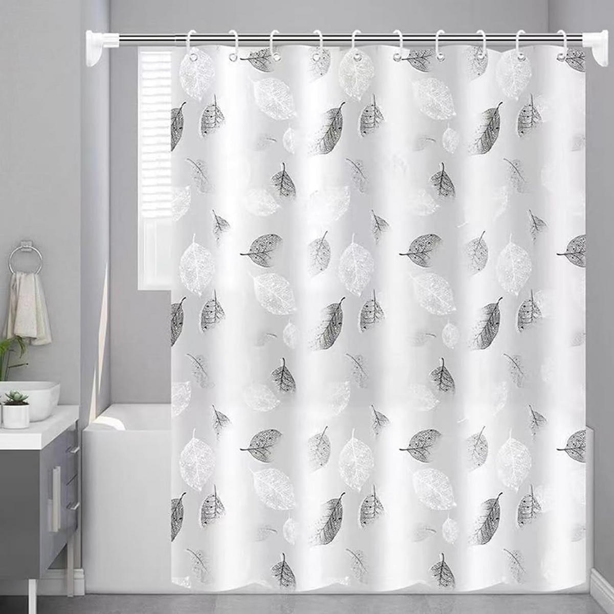 DUSCHVORHANG Stoff PEVA mit Haken waschbar schimmelresistent Blätter 180 x 200 cm - Weiß, Kunststoff (30/4cm) - MCBOSON