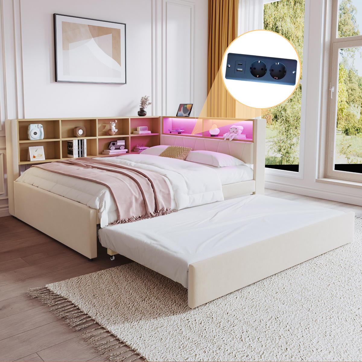 BETT 140/200+90/190 mit LED, USB, Steckdose und Stauraum in Beige - Beige, Holzwerkstoff/Textil (140/200cm) - EVRYAE