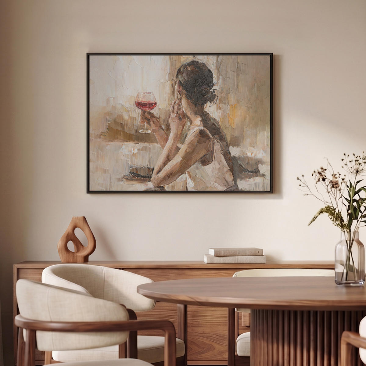 LEINWAND Bilder mit Rahmen - Ölgemälde - Frau - Wein - 80x60 - Hellbraun, Textil (80/60cm) - MuchoWow