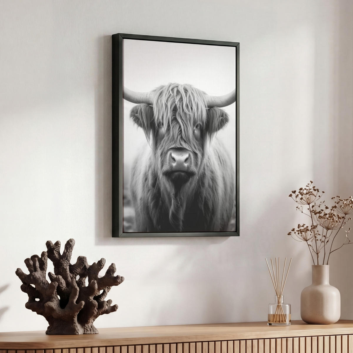 LEINWAND Bilder mit Rahmen - Schottischer Highlander - Nebel - Schwarz - Weiß - 30x40 - Grau, Textil (30/40cm) - MuchoWow