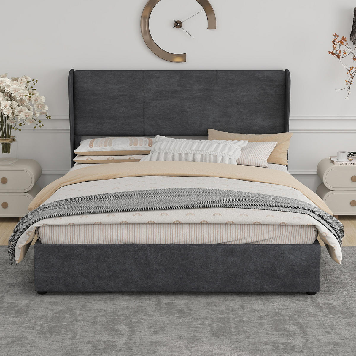 POLSTERBETT 160/200 cm in Grau Samt mit Gepolstertem Kopfteil - Grau, Holzwerkstoff/Textil (160/200cm) - WISHDOR