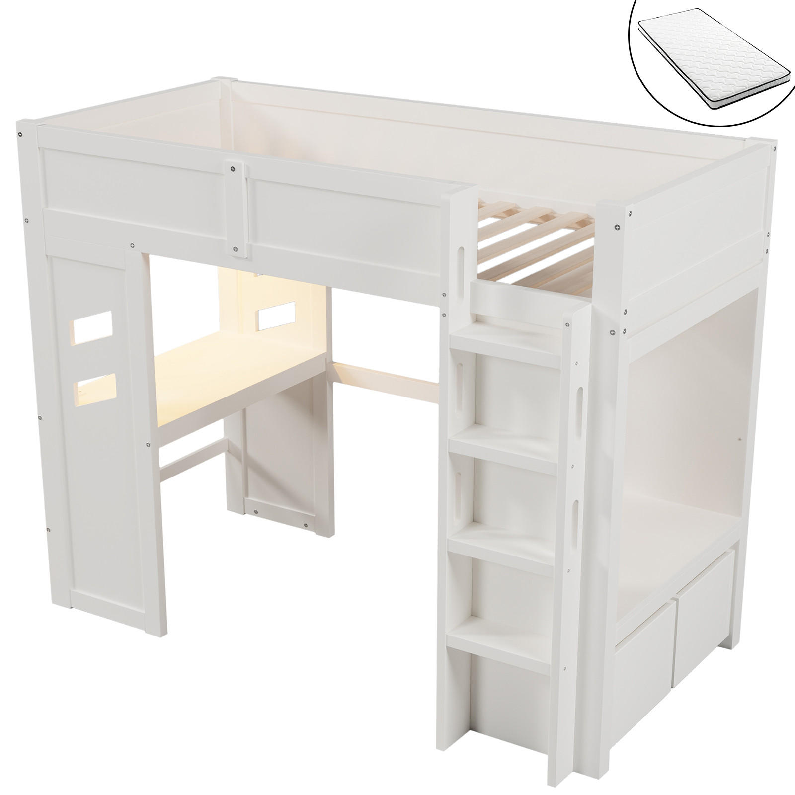 HOCHBETT 90/200 cm weiß mit Schreibtisch und LED-Beleuchtung mit Matratze - Weiß, Holzwerkstoff (90/200cm) - OKWISH