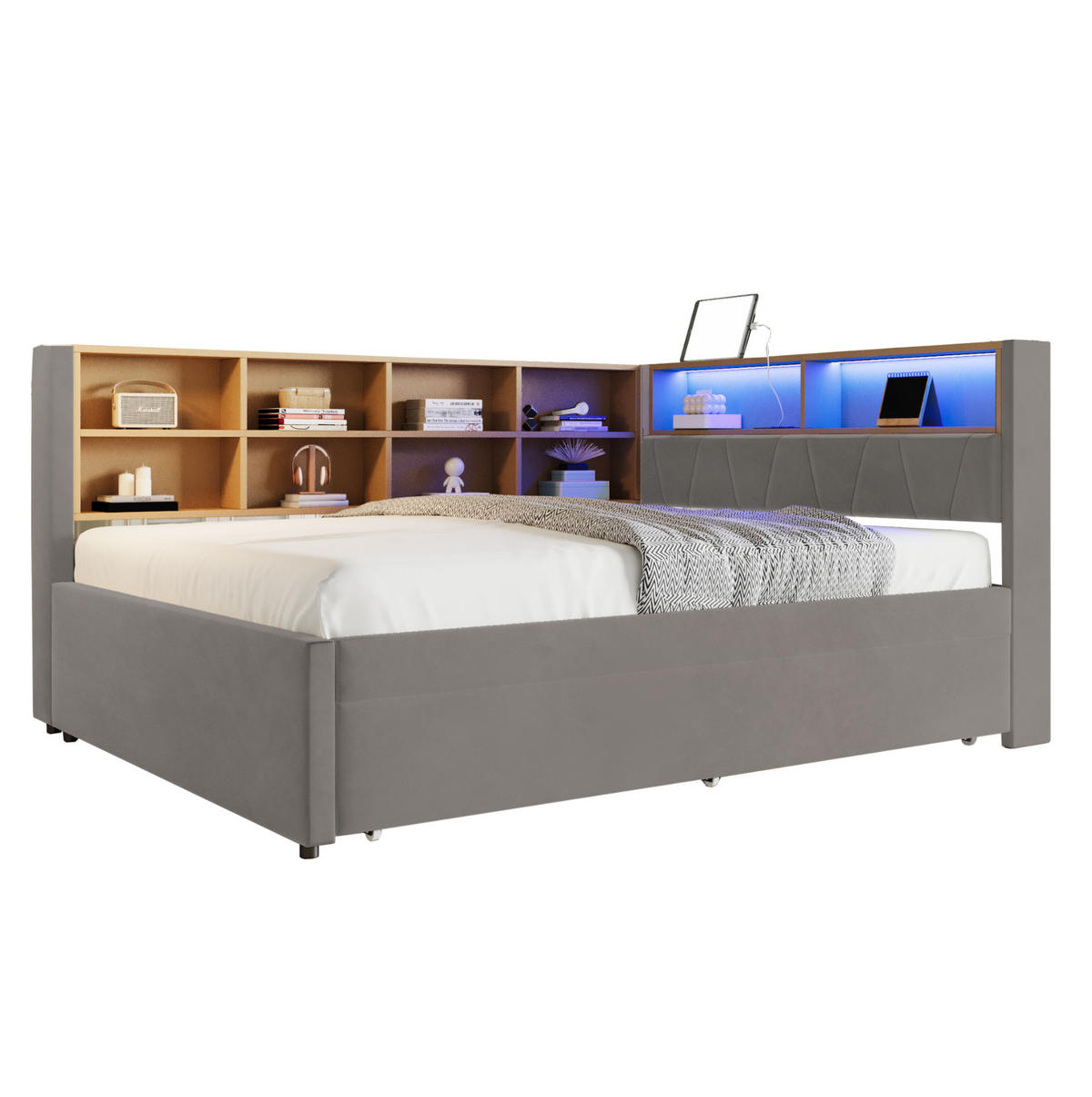 BETT 140/200 cm mit Ausziehbett 90/190 cm, LED und USB-/Type-C-Anschlüssen - Dunkelgrau, Textil (140/200cm) - Flora Grace