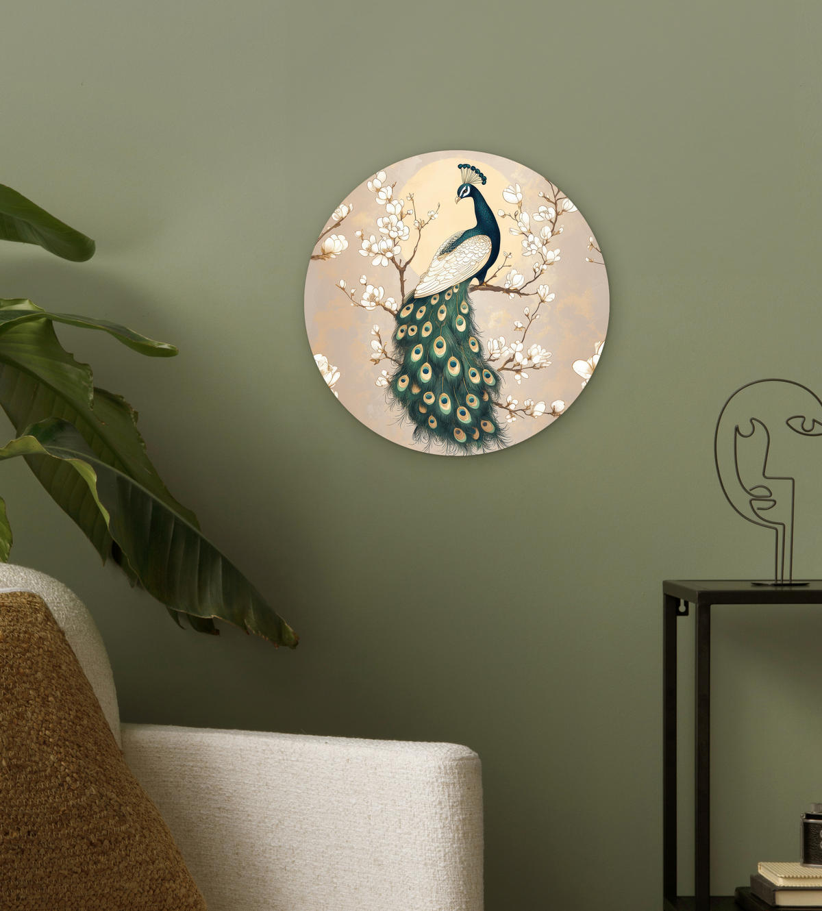 WANDBILD Pfau - Zweig - Blumen 30x30 cm - Champagner, Kunststoff (30/30cm) - MuchoWow