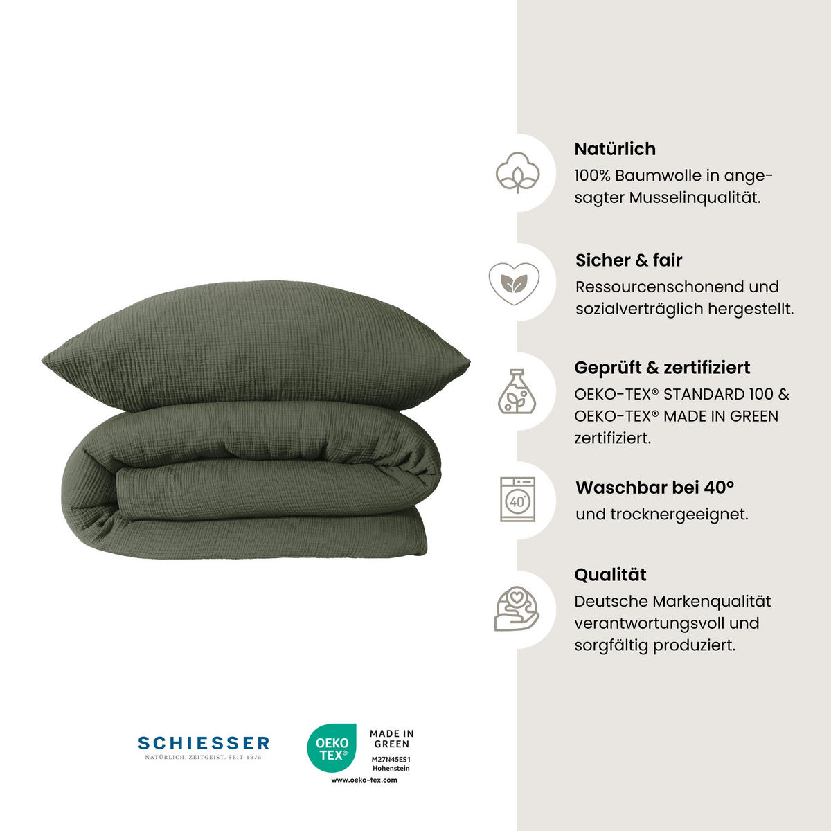 BETTWÄSCHESET Molly - Musselin - 2-teilig - 135 x 200 cm - Dunkelgrün - Dunkelgrün, Textil (135/200cm) - SCHIESSER