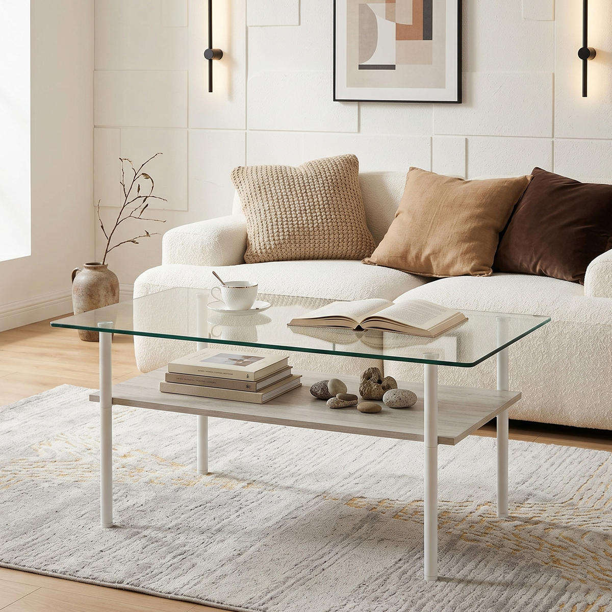 COUCHTISCH DE-37418 rechteckig mit Glasplatte und MDF-Ablage Weiß - Weiß, Metall (98/58/45cm) - ComfortXL